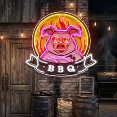 Custom Name Mascot Of Pig For BBQ In Badge Artwork Led Neon Sign Light