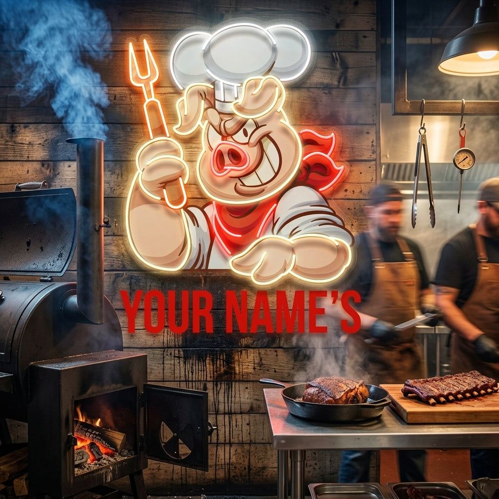 Custom Name Chef Pig With Evil Smile Artwork Led Neon Sign Light