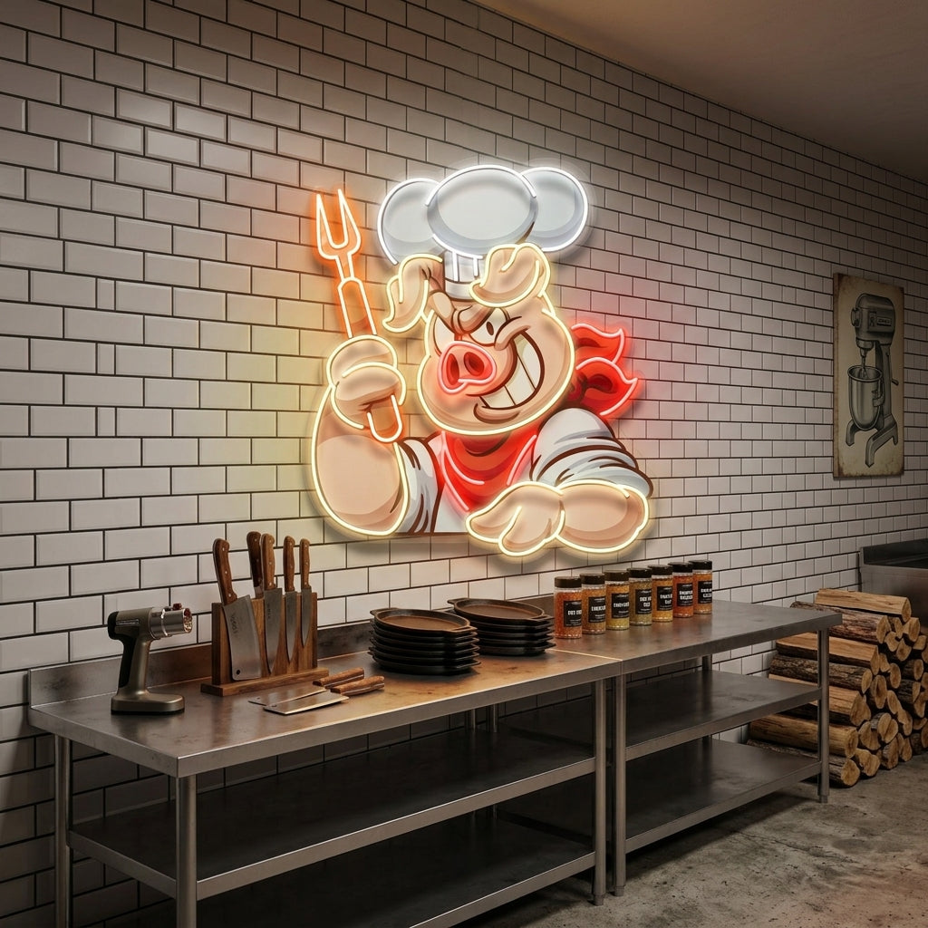 Custom Name Chef Pig With Evil Smile Artwork Led Neon Sign Light