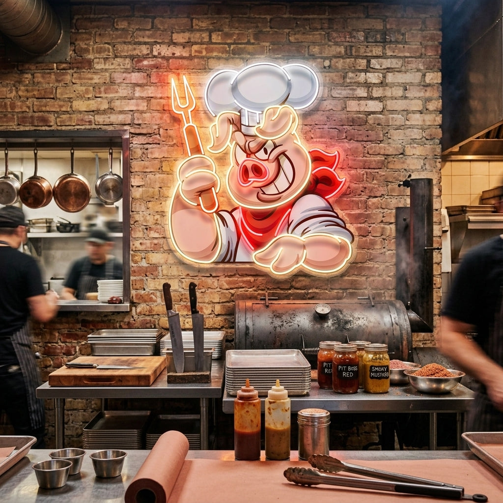 Custom Name Chef Pig With Evil Smile Artwork Led Neon Sign Light
