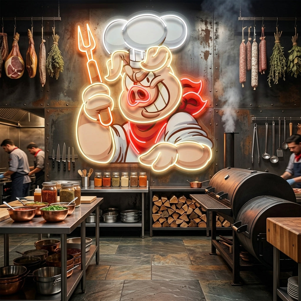 Custom Name Chef Pig With Evil Smile Artwork Led Neon Sign Light