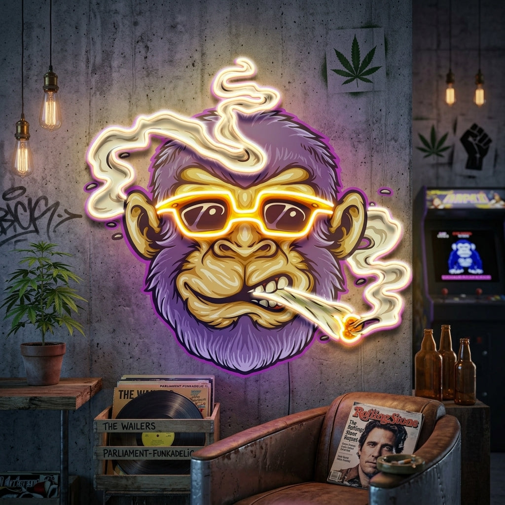 Custom Name Cool Monkey Stoner Cannabis Smoking Artwork Led Neon Sign Light