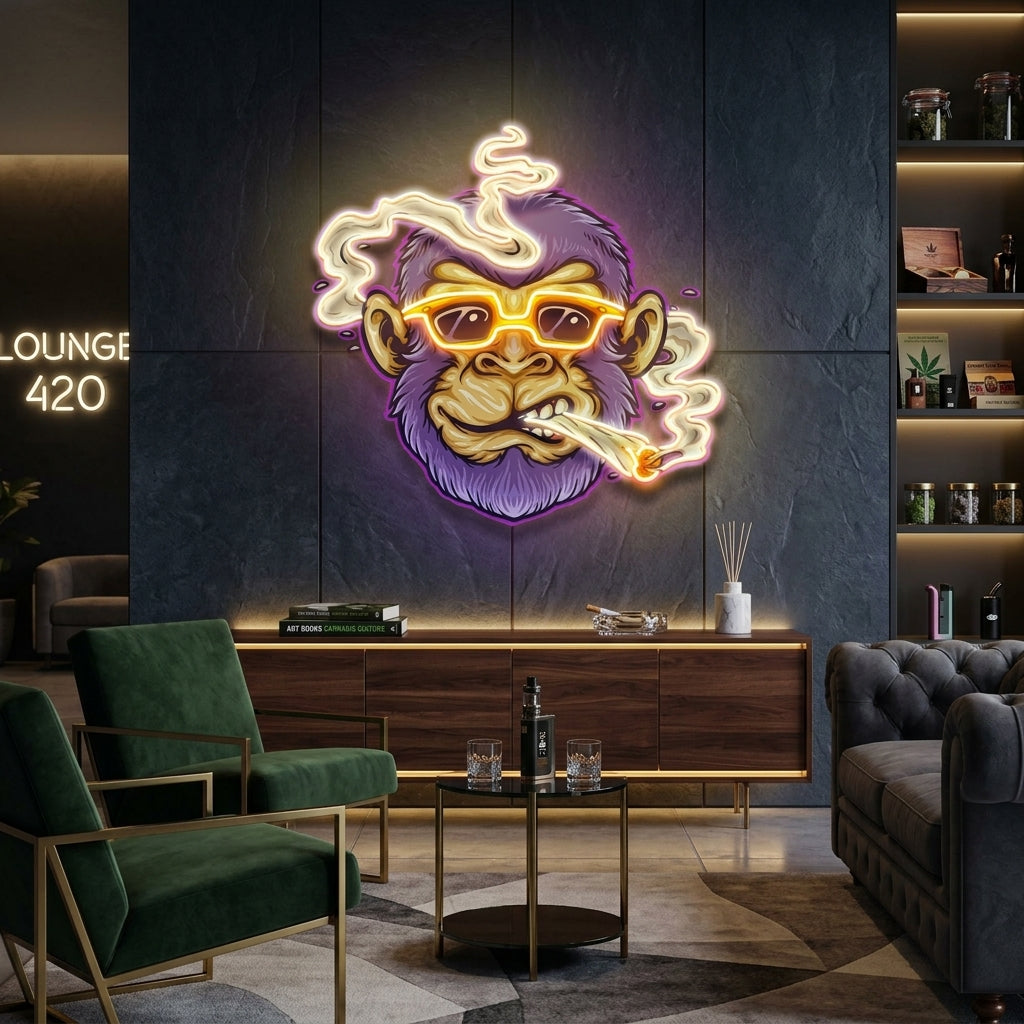 Custom Name Cool Monkey Stoner Cannabis Smoking Artwork Led Neon Sign Light