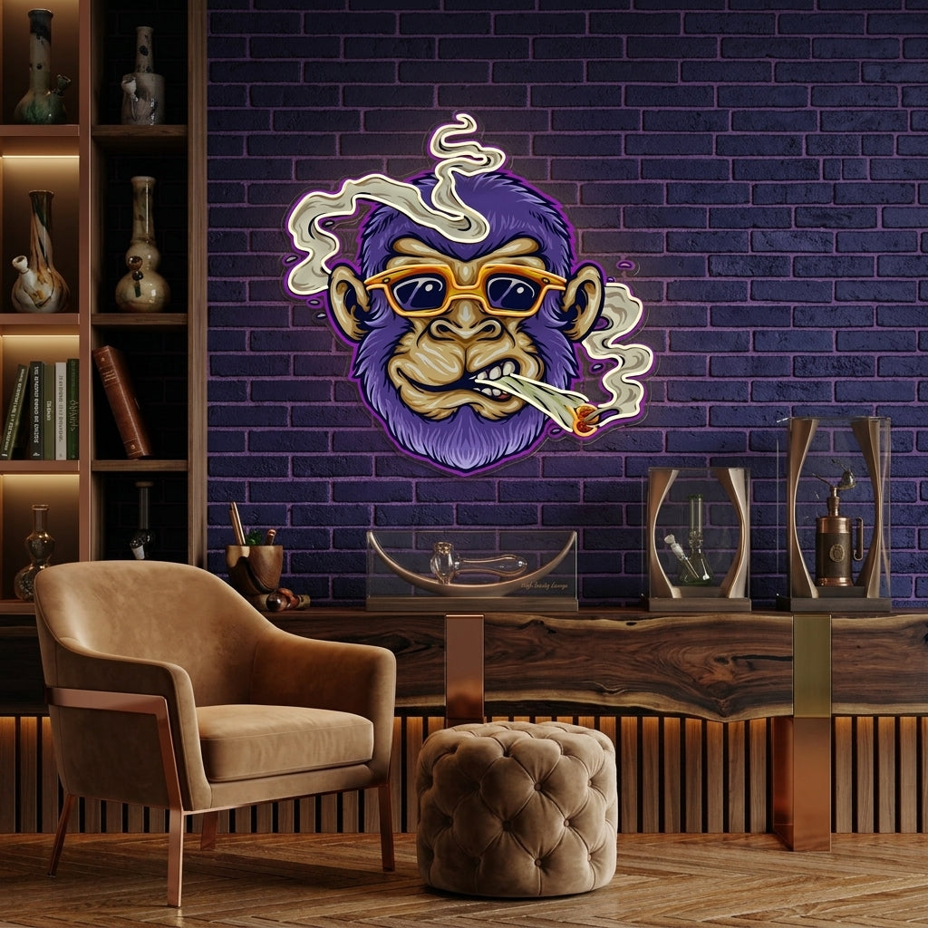 Custom Name Cool Monkey Stoner Cannabis Smoking Artwork Led Neon Sign Light