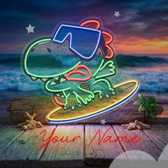 Custom Name Cute Cartoon Dinosaur Surfing On Artwork Led Neon Sign Light