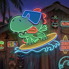 Custom Name Cute Cartoon Dinosaur Surfing On Artwork Led Neon Sign Light