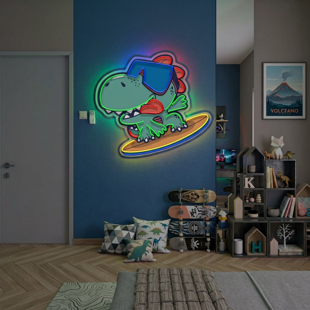 Custom Name Cute Cartoon Dinosaur Surfing On Artwork Led Neon Sign Light