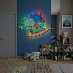 Custom Name Cute Cartoon Dinosaur Surfing On Artwork Led Neon Sign Light