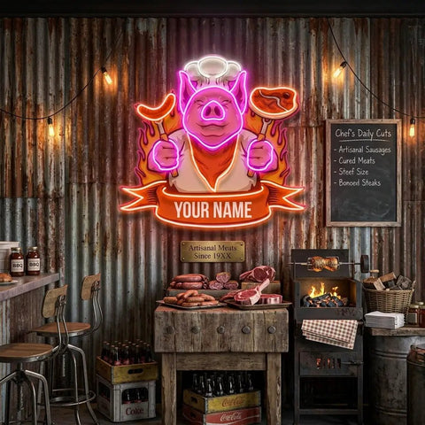 Custom Name Cute Chef Pig Delicious BBQ Meat Logo Artwork Led Neon Sign Light