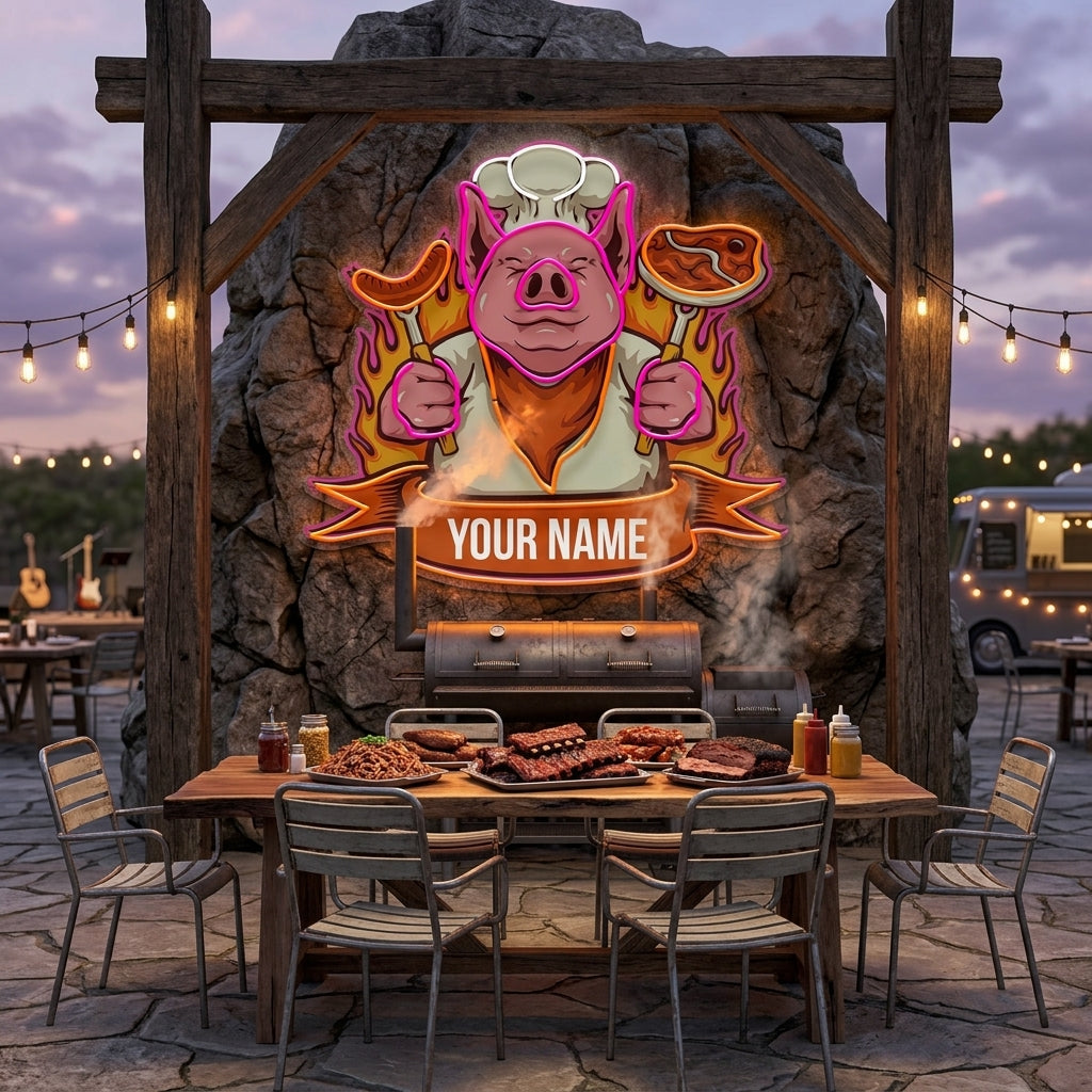 Custom Name Cute Chef Pig Delicious BBQ Meat Logo Artwork Led Neon Sign Light