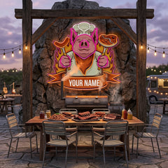 Custom Name Cute Chef Pig Delicious BBQ Meat Logo Artwork Led Neon Sign Light