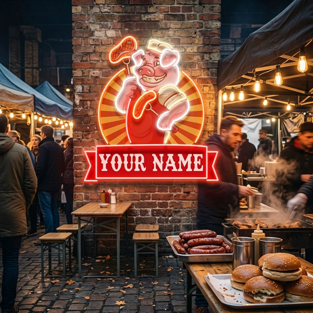 Custom Name Cute Chef Pig Holding Grill Artwork Led Neon Sign Light