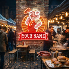 Custom Name Cute Chef Pig Holding Grill Artwork Led Neon Sign Light