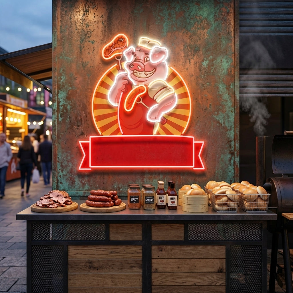 Custom Name Cute Chef Pig Holding Grill Artwork Led Neon Sign Light