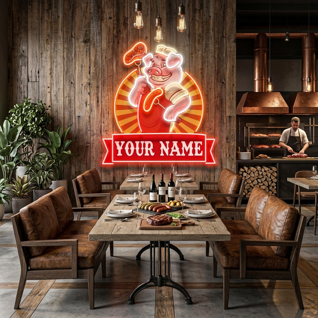 Custom Name Cute Chef Pig Holding Grill Artwork Led Neon Sign Light