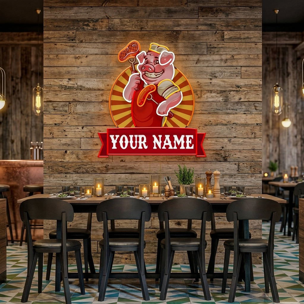 Custom Name Cute Chef Pig Holding Grill Artwork Led Neon Sign Light