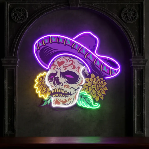 Custom Name Dia De Muertos Mexican Sugar Skull Artwork Led Neon Sign Light