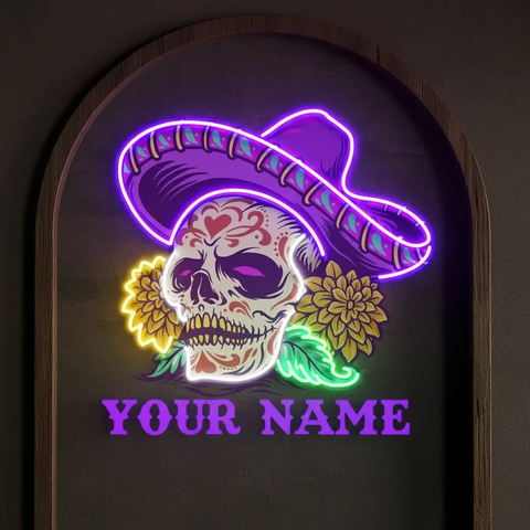 Custom Name Dia De Muertos Mexican Sugar Skull Artwork Led Neon Sign Light