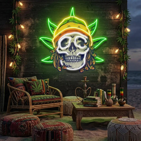 Custom Name Dreadlock Rastaman Skull Jamaican Leaf Weed Artwork Led Neon Sign Light