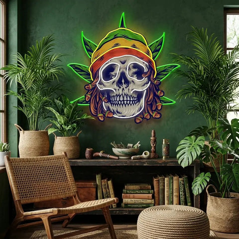 Custom Name Dreadlock Rastaman Skull Jamaican Leaf Weed Artwork Led Neon Sign Light