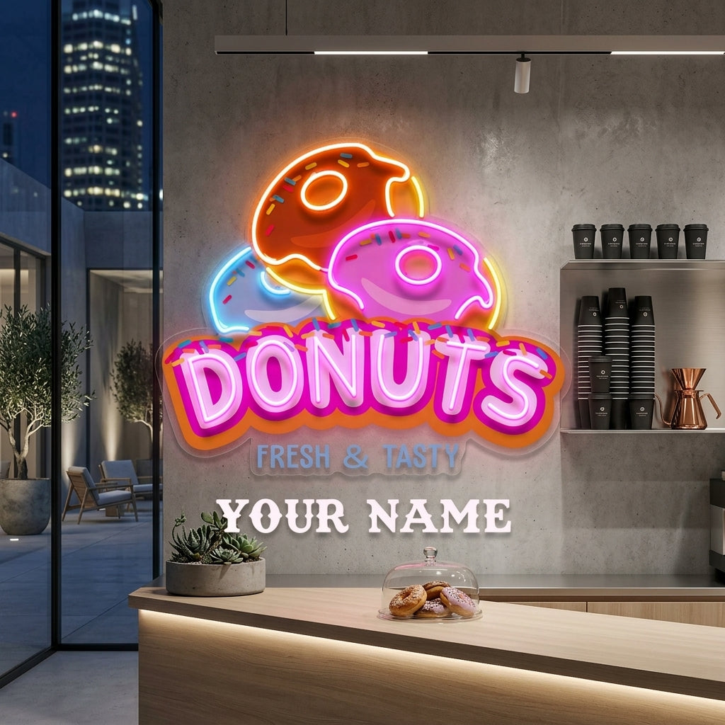 Custom Name Fast Food Restaurant With Donut Led Neon Sign Light