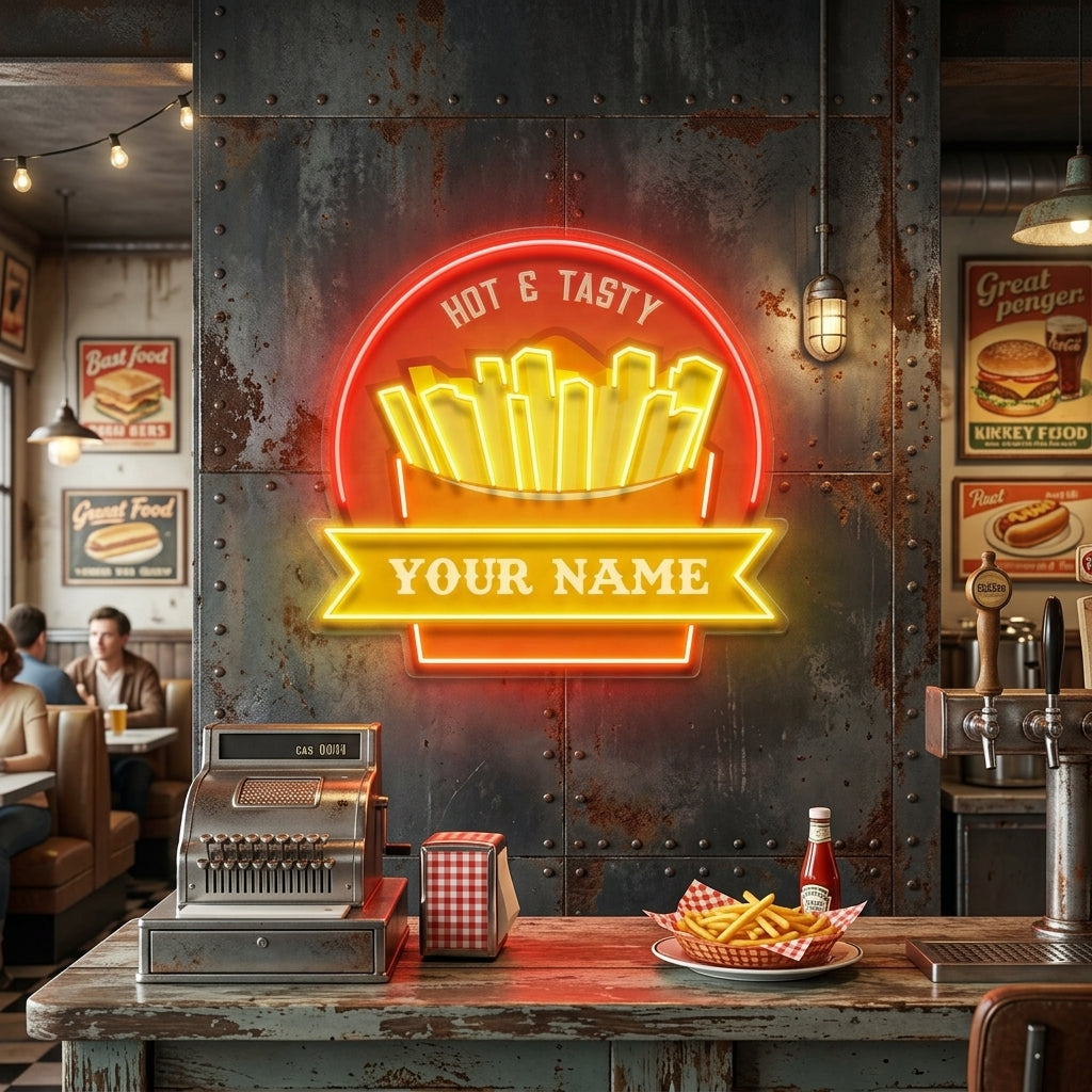 Custom Name Fast Food Restaurant With French Fries Led Neon Sign Light