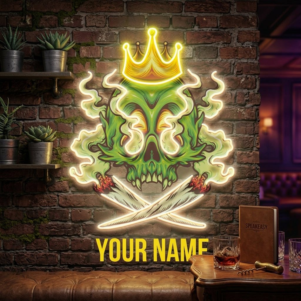 Custom Name King Skull Cannabis Weed Smoking Artwork Led Neon Sign Light