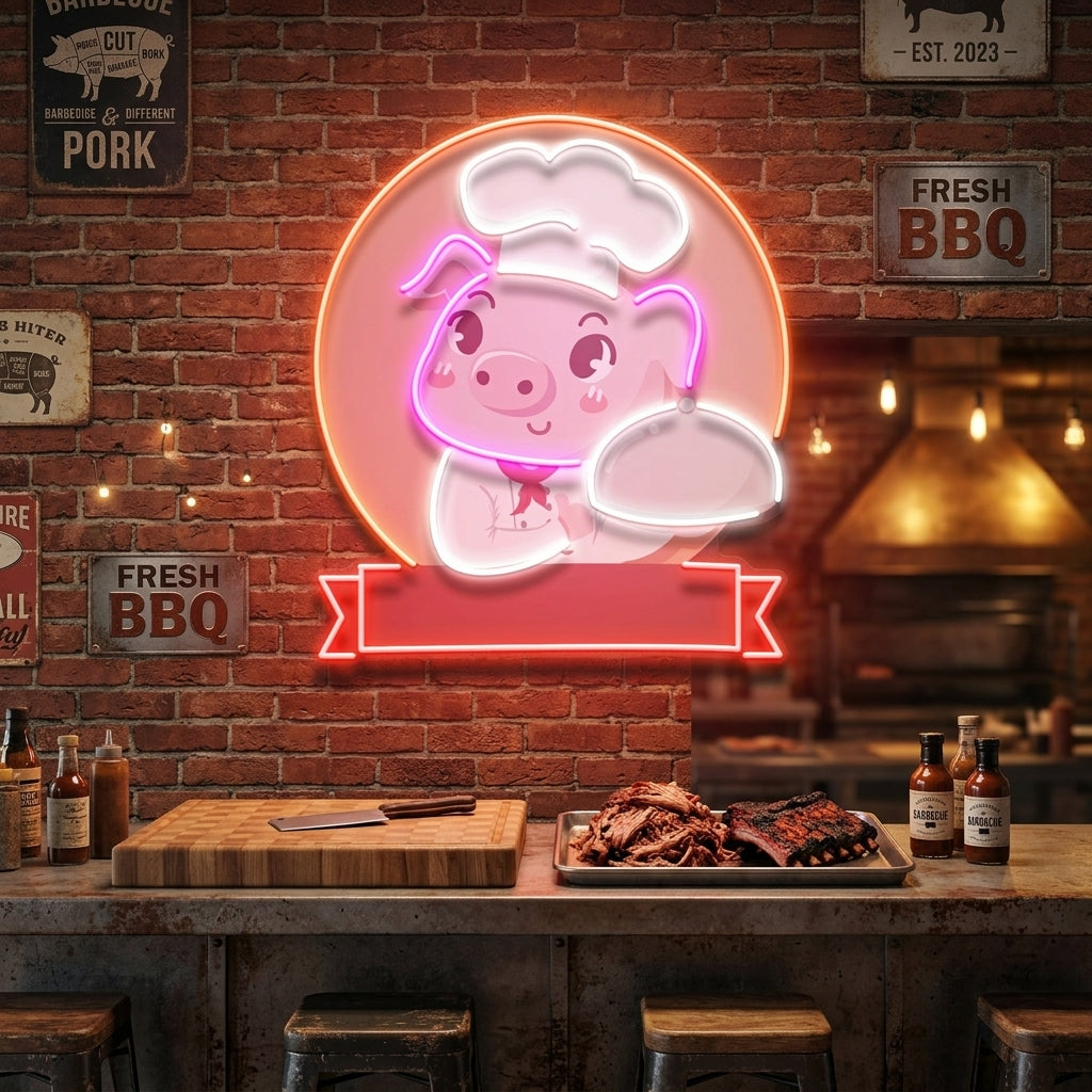Custom Name Logo Cute And Friendly Pig Chef Holds Artwork Led Neon Sign Light