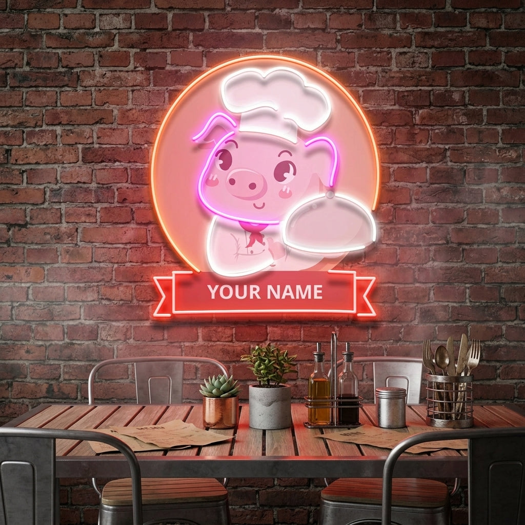 Custom Name Logo Cute And Friendly Pig Chef Holds Artwork Led Neon Sign Light