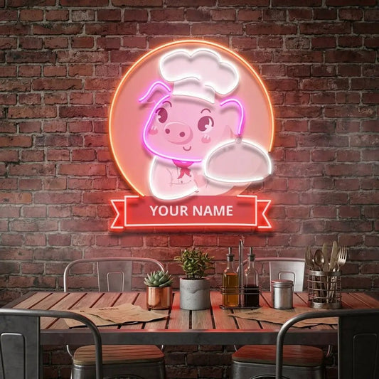 Custom Name Logo Cute And Friendly Pig Chef Holds Artwork Led Neon Sign Light