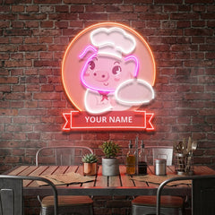 Custom Name Logo Cute And Friendly Pig Chef Holds Artwork Led Neon Sign Light