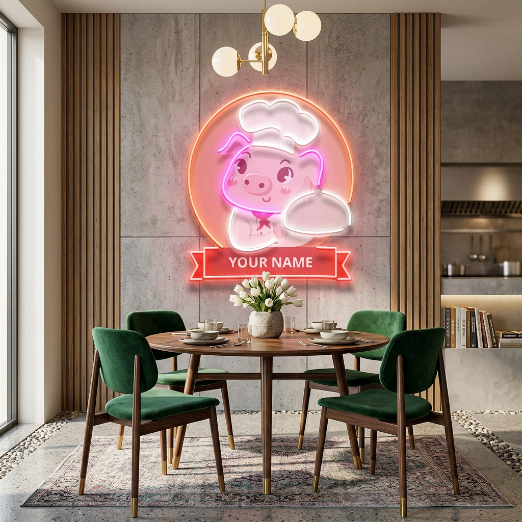 Custom Name Logo Cute And Friendly Pig Chef Holds Artwork Led Neon Sign Light