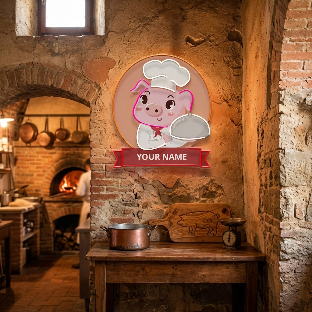 Custom Name Logo Cute And Friendly Pig Chef Holds Artwork Led Neon Sign Light