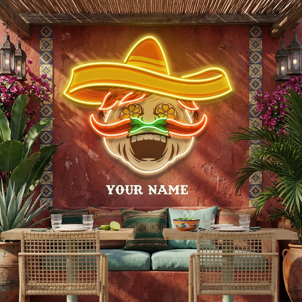 Custom Name Mexican Chef Cook Sombrero With Chili Decor Artwork Led Neon Sign Light