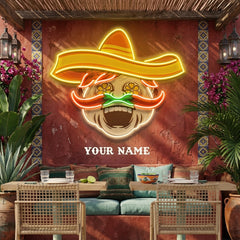 Custom Name Mexican Chef Cook Sombrero With Chili Decor Artwork Led Neon Sign Light