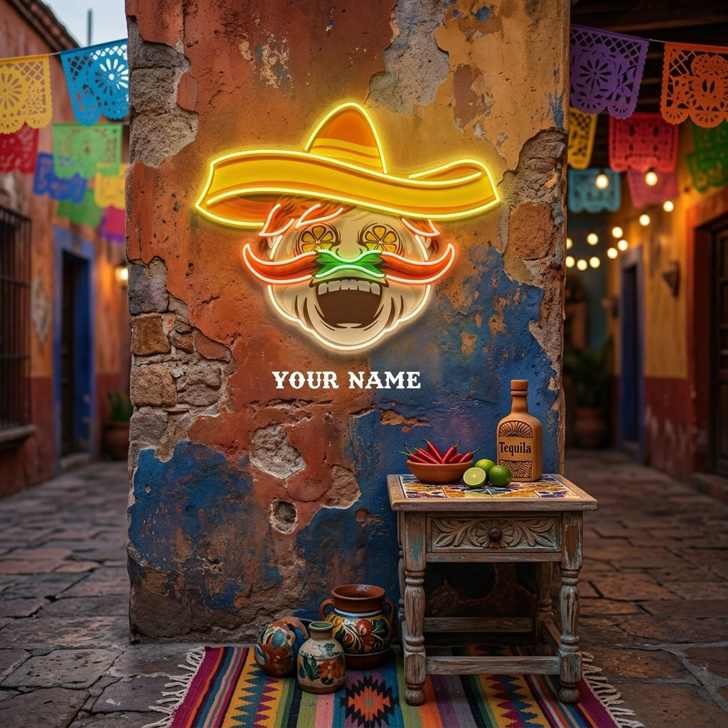 Custom Name Mexican Chef Cook Sombrero With Chili Decor Artwork Led Neon Sign Light