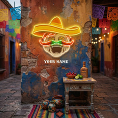 Custom Name Mexican Chef Cook Sombrero With Chili Decor Artwork Led Neon Sign Light