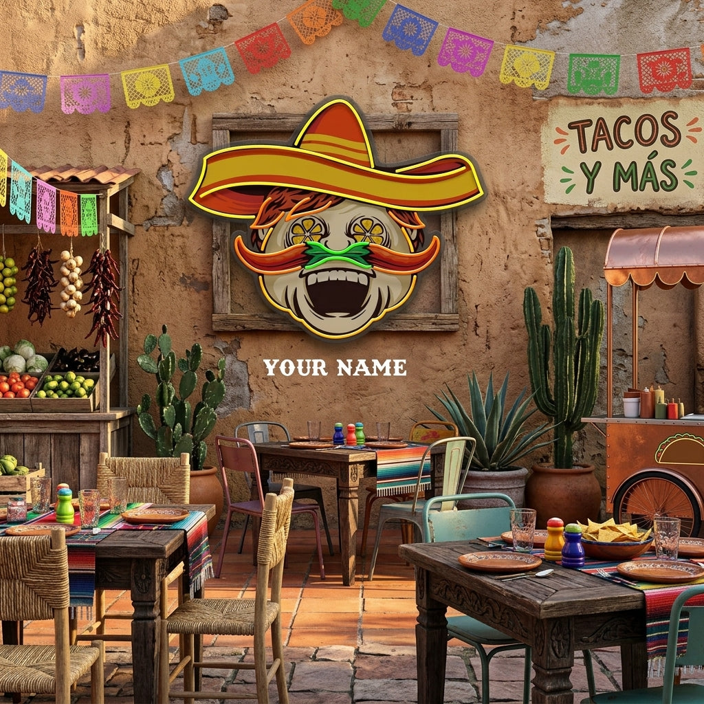 Custom Name Mexican Chef Cook Sombrero With Chili Decor Artwork Led Neon Sign Light