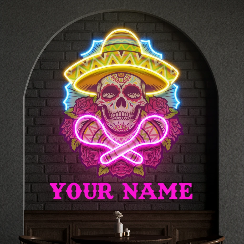Custom Name Mexican Dia De Los Muertos Skull Artwork Led Neon Sign Light