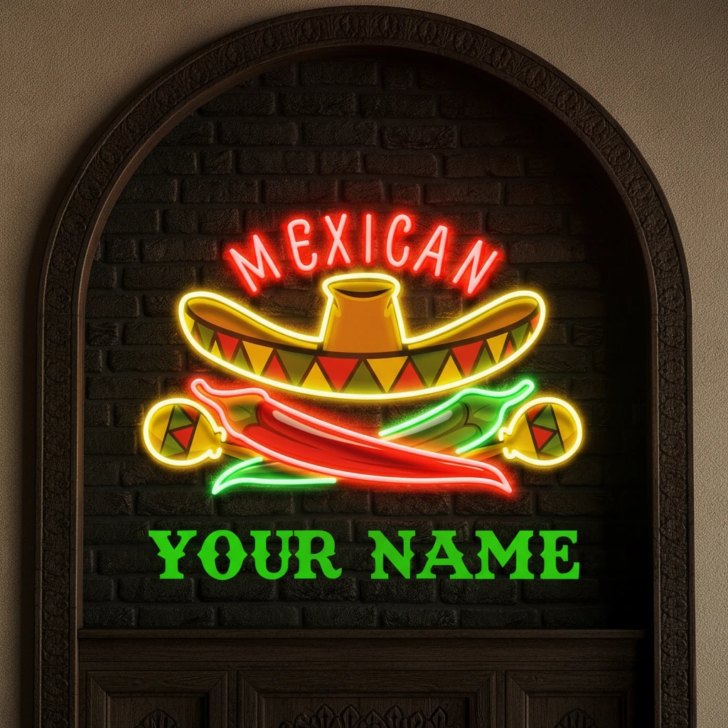 Custom Name Mexican Restaurant Sombrero Hat Artwork Led Neon Sign Light