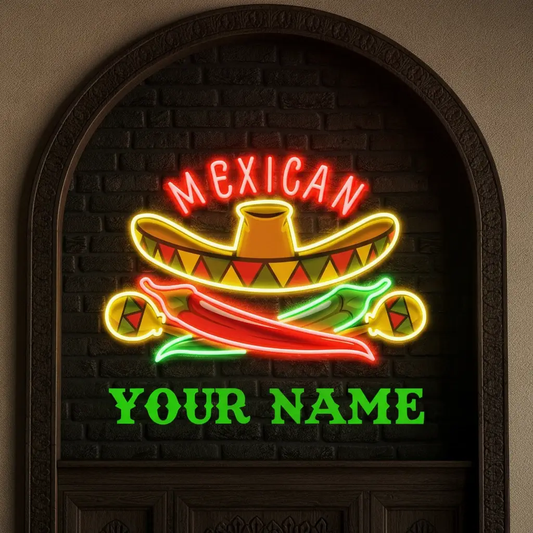 Custom Name Mexican Restaurant Sombrero Hat Artwork Led Neon Sign Light