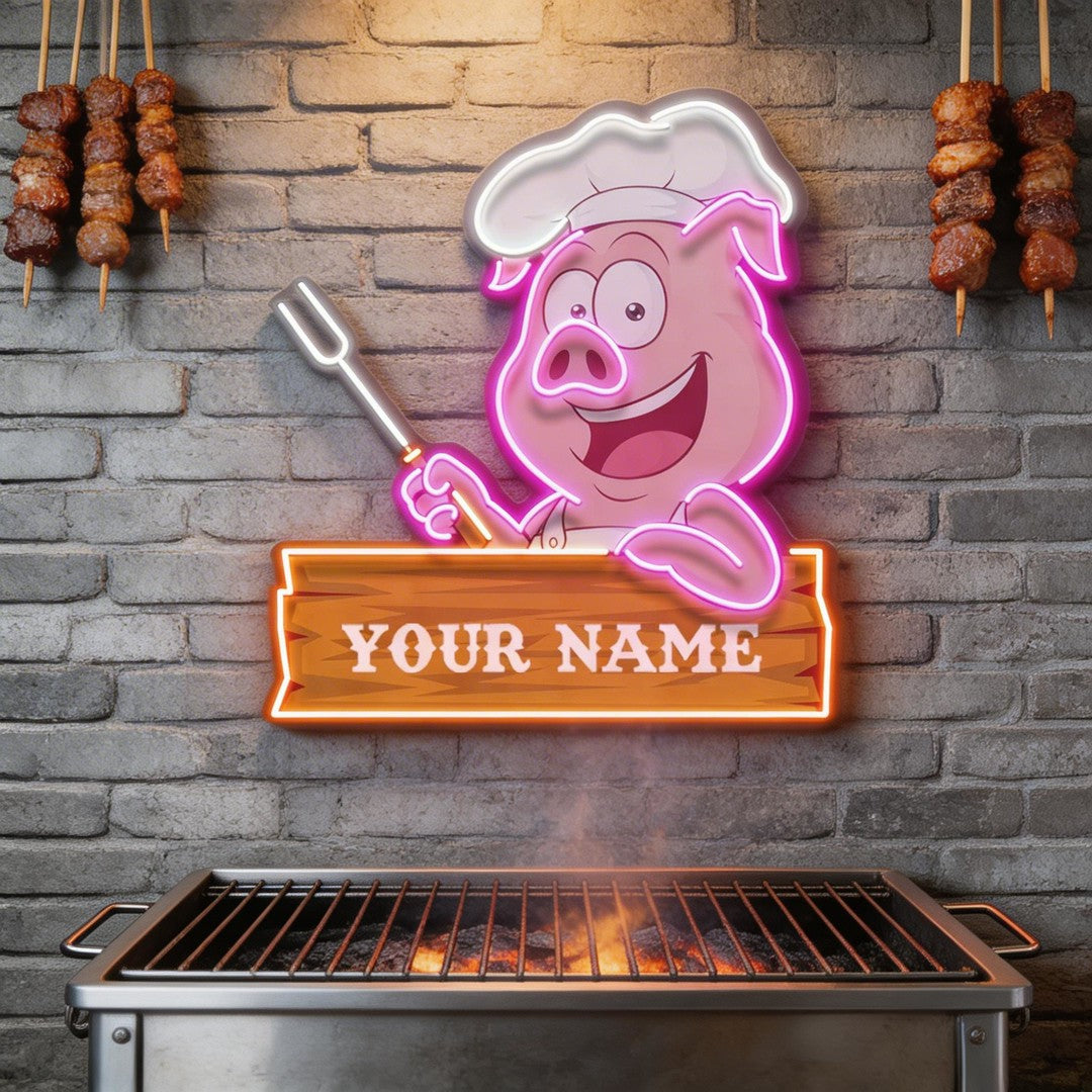 Custom Name Pig BBQ Chef Artwork Led Neon Sign Light