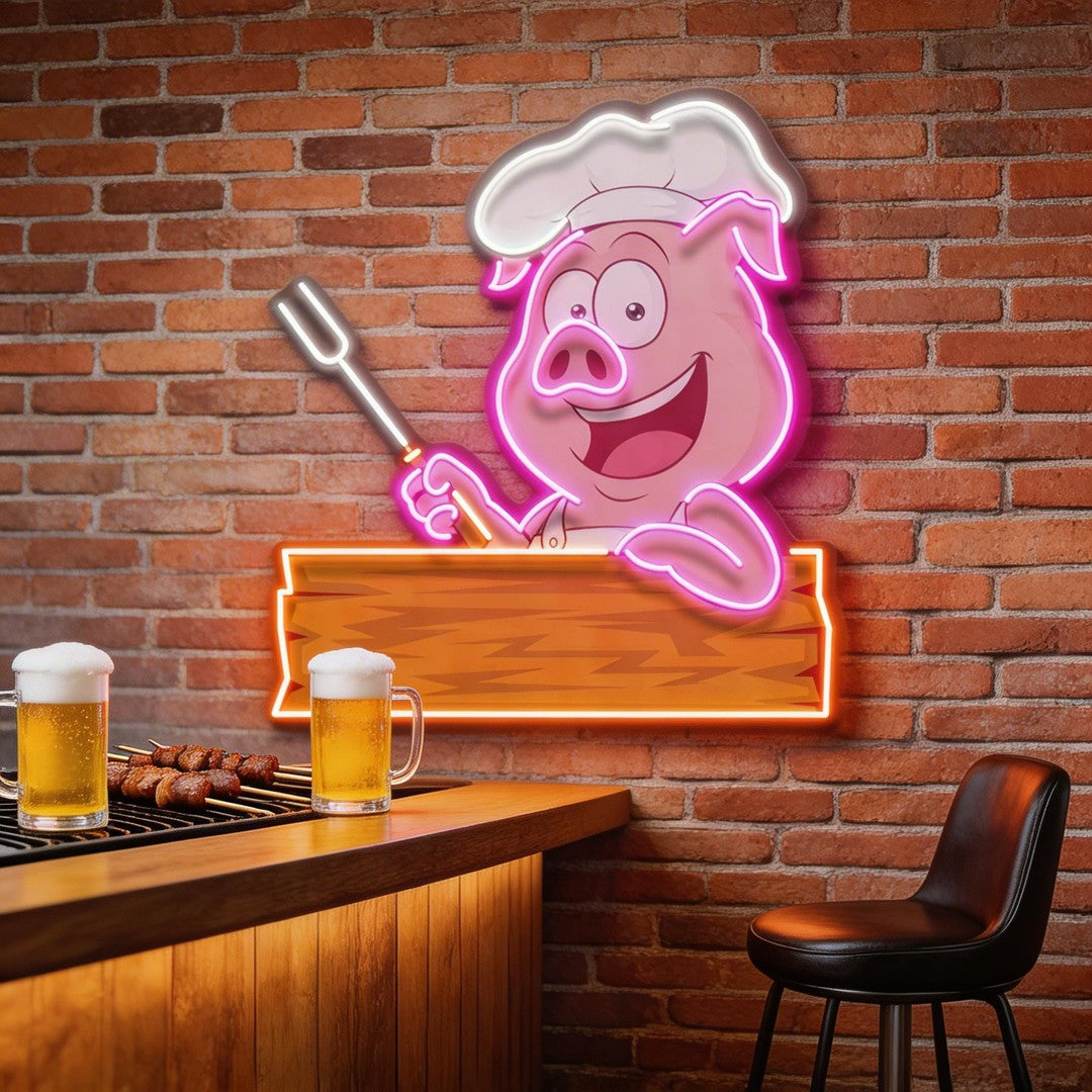 Custom Name Pig BBQ Chef Artwork Led Neon Sign Light