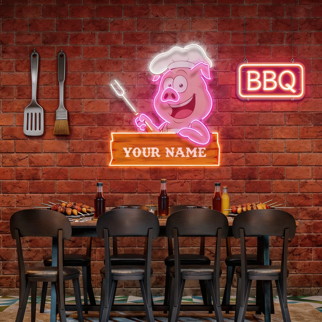 Custom Name Pig BBQ Chef Artwork Led Neon Sign Light