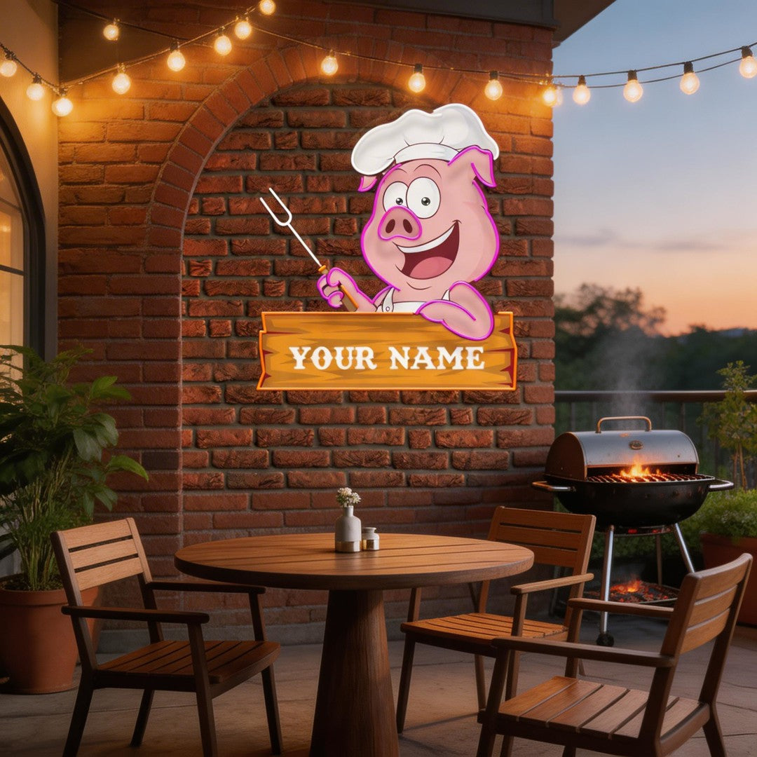 Custom Name Pig BBQ Chef Artwork Led Neon Sign Light
