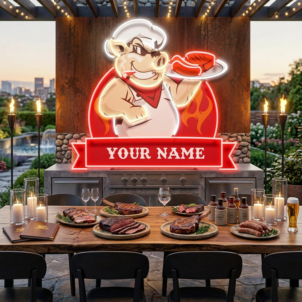 Custom Name Pig Chef BBQ Artwork Led Neon Sign Light