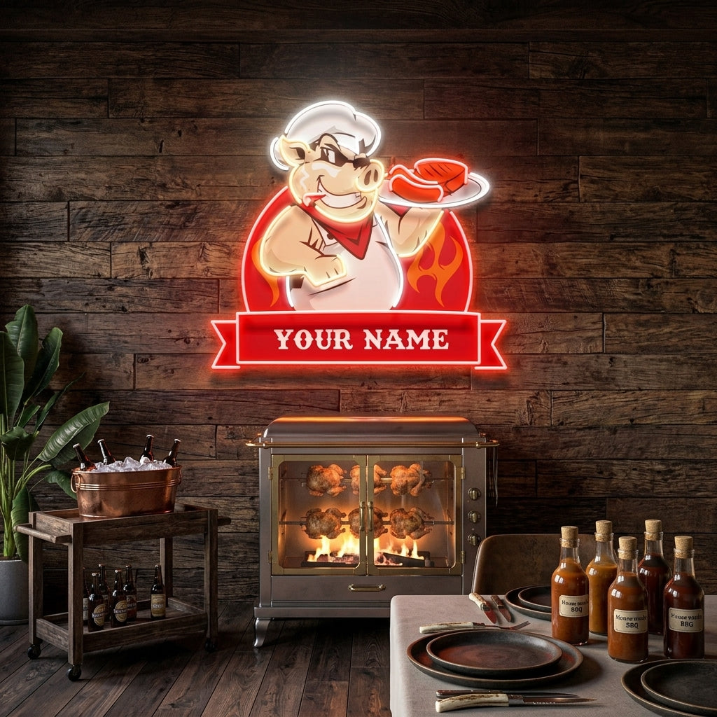 Custom Name Pig Chef BBQ Artwork Led Neon Sign Light