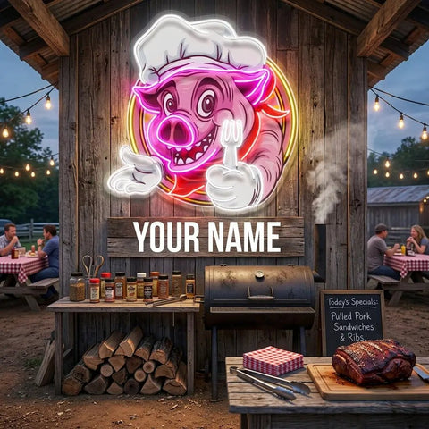 Custom Name Pig Chef Mascot Artwork Led Neon Sign Light