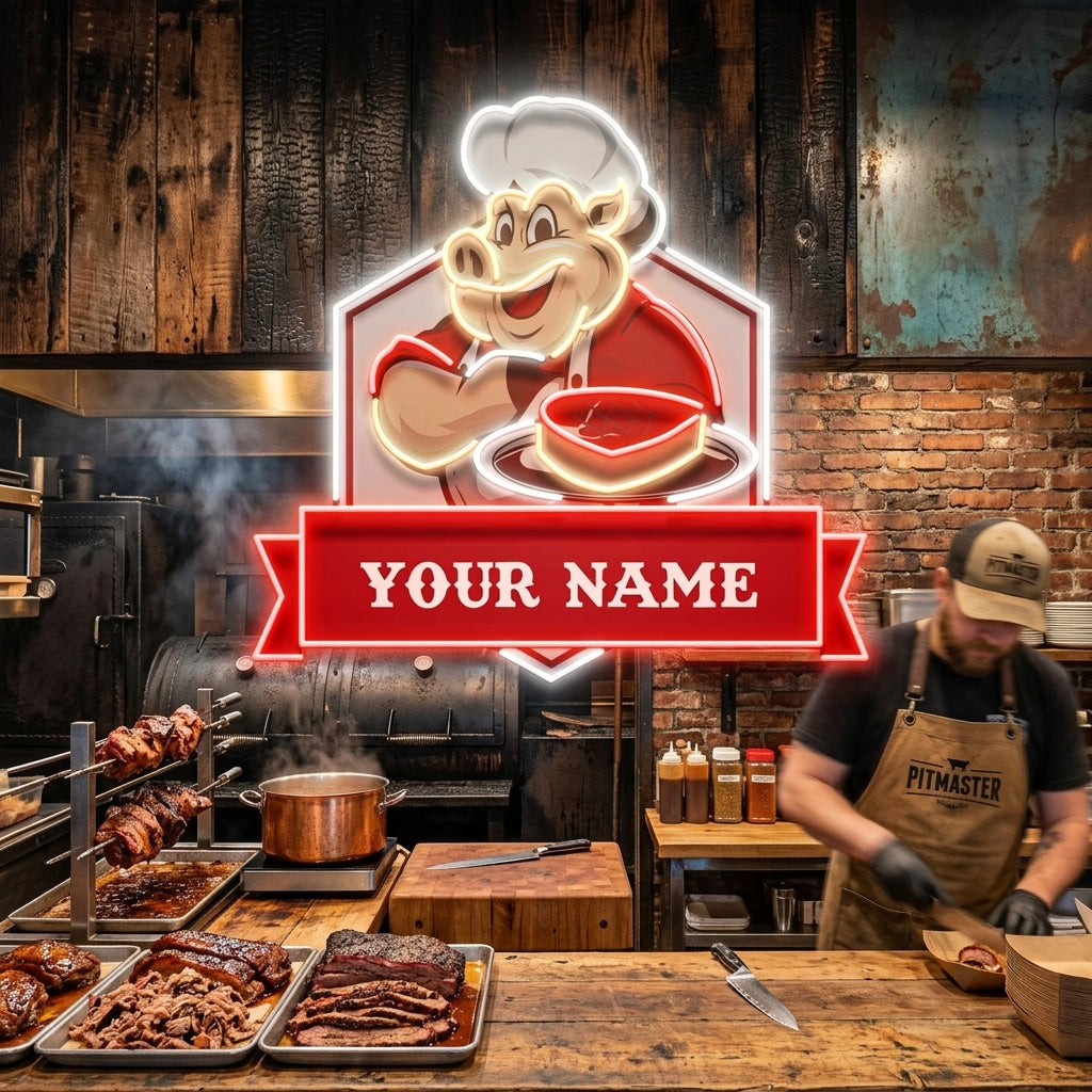 Custom Name Pig With Meat Dishes For BBQ Restaurants Artwork Led Neon Sign Light