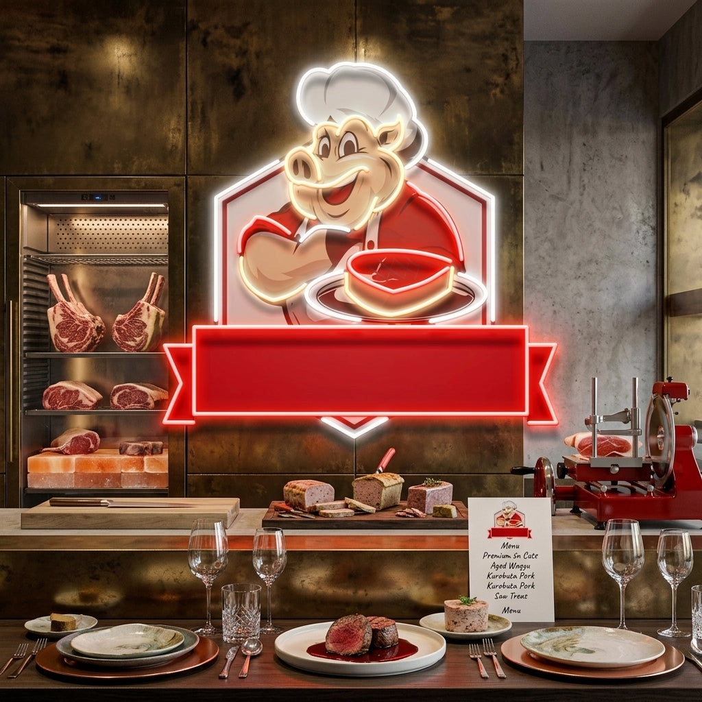 Custom Name Pig With Meat Dishes For BBQ Restaurants Artwork Led Neon Sign Light